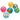 Six colorful plastic balls with various patterns and designs are scattered on a white surface.