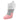 A multicolored sock with gray white and pink sections displayed on a foot mannequin.